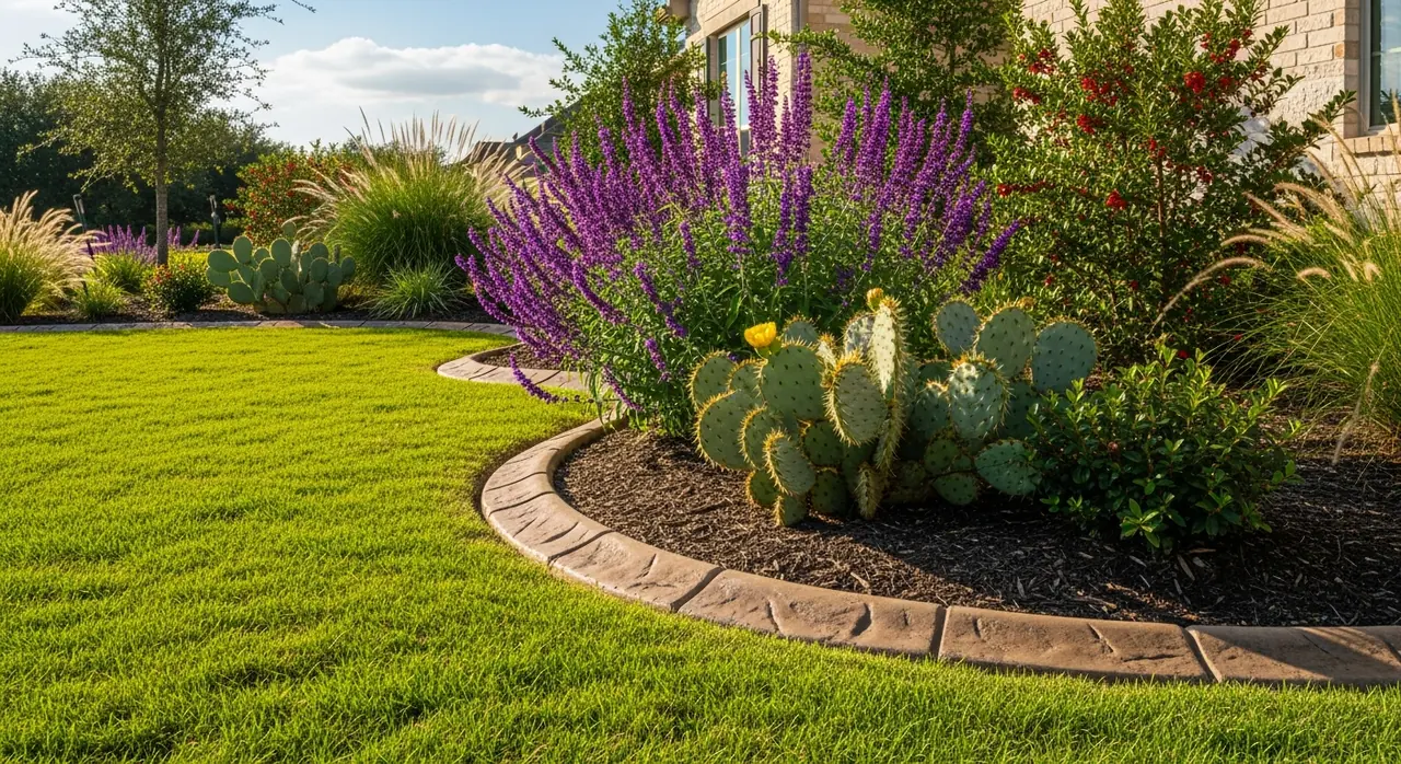 Lush landscaped yard with decorative stamped concrete curbing